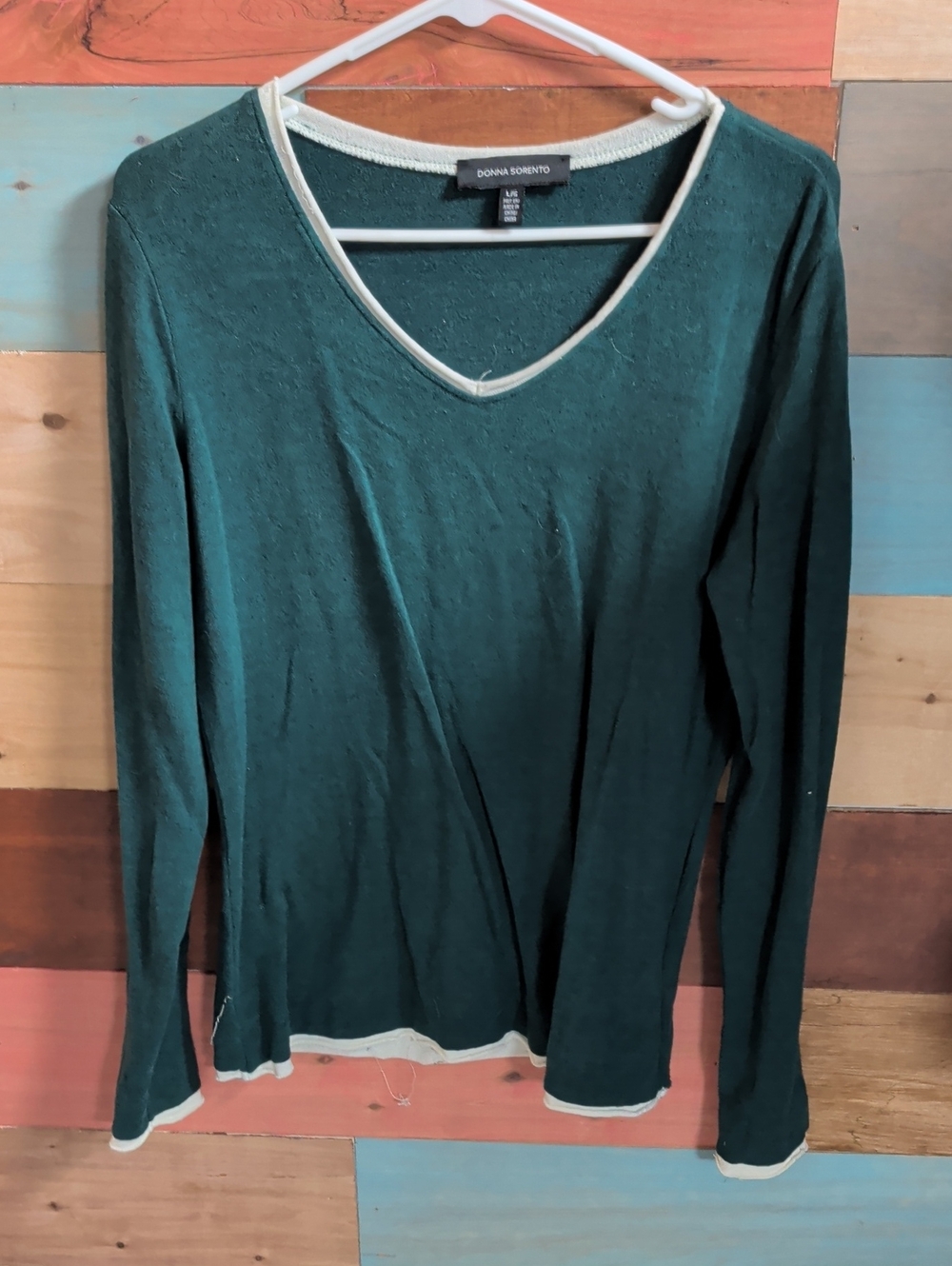 Teal V-Neck Sweater with White Trim